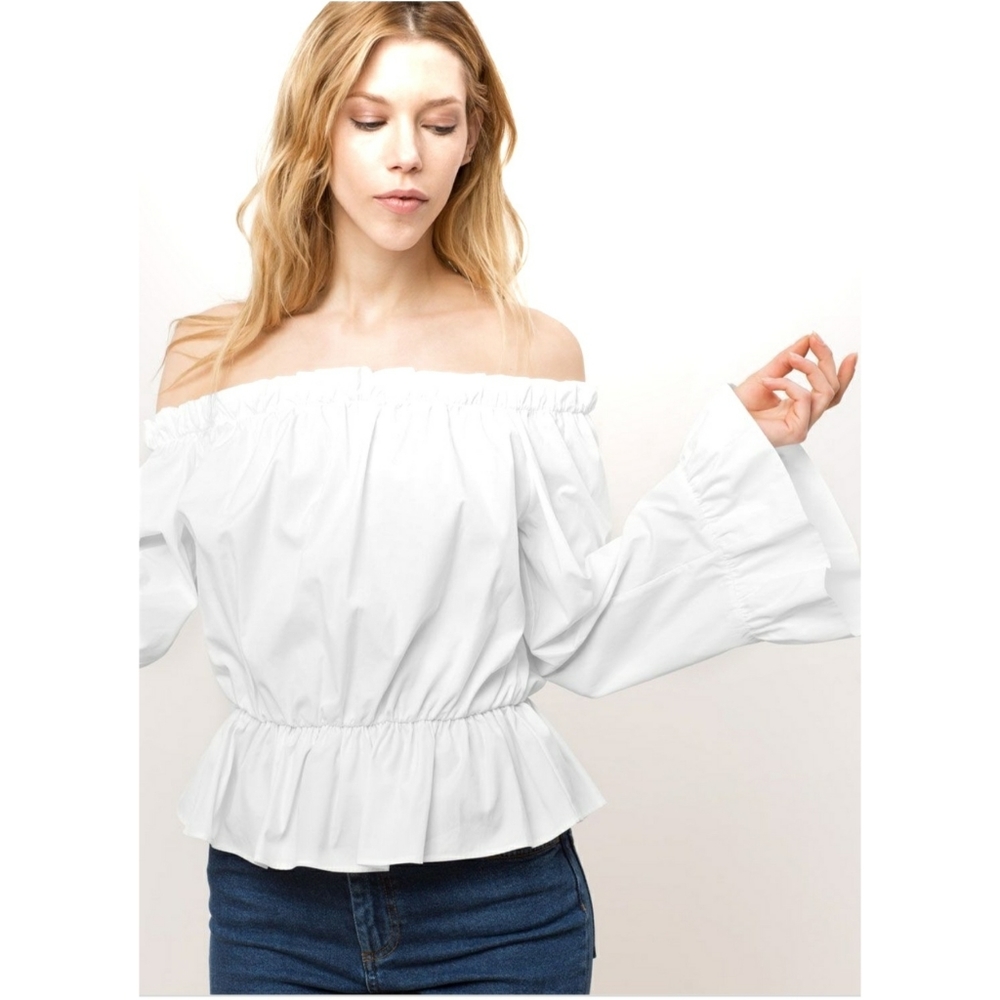 Uterqüe Open Shoulder White Peplum Blouse 100% Cotton